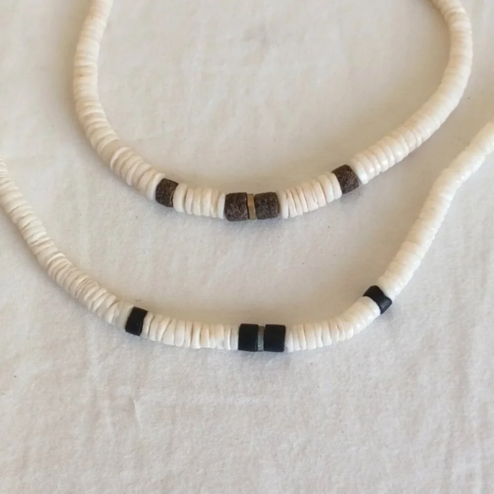 2 PIECE SET Vintage White Puca Shell Necklace & Bracelet for Men or Women Unisex